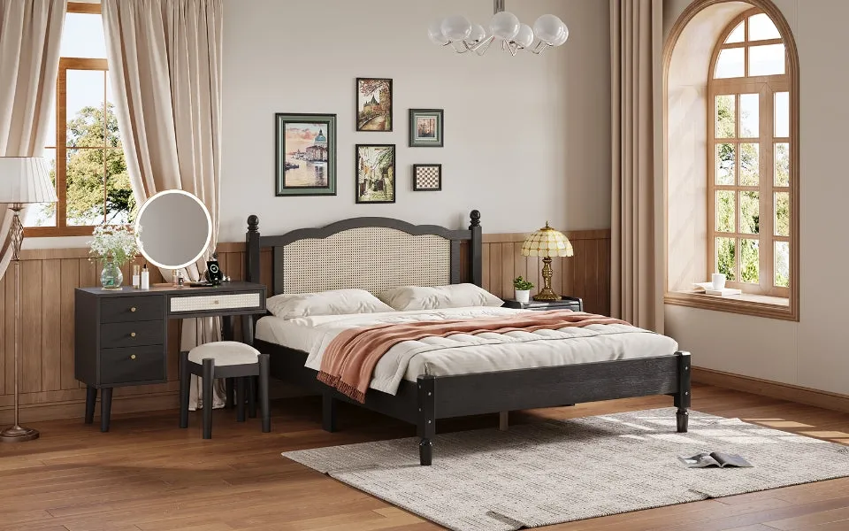 3-Piece Bedroom Set: Queen Bed Frame, Vintage Nightstand, Makeup Vanity Set with Stool, Black