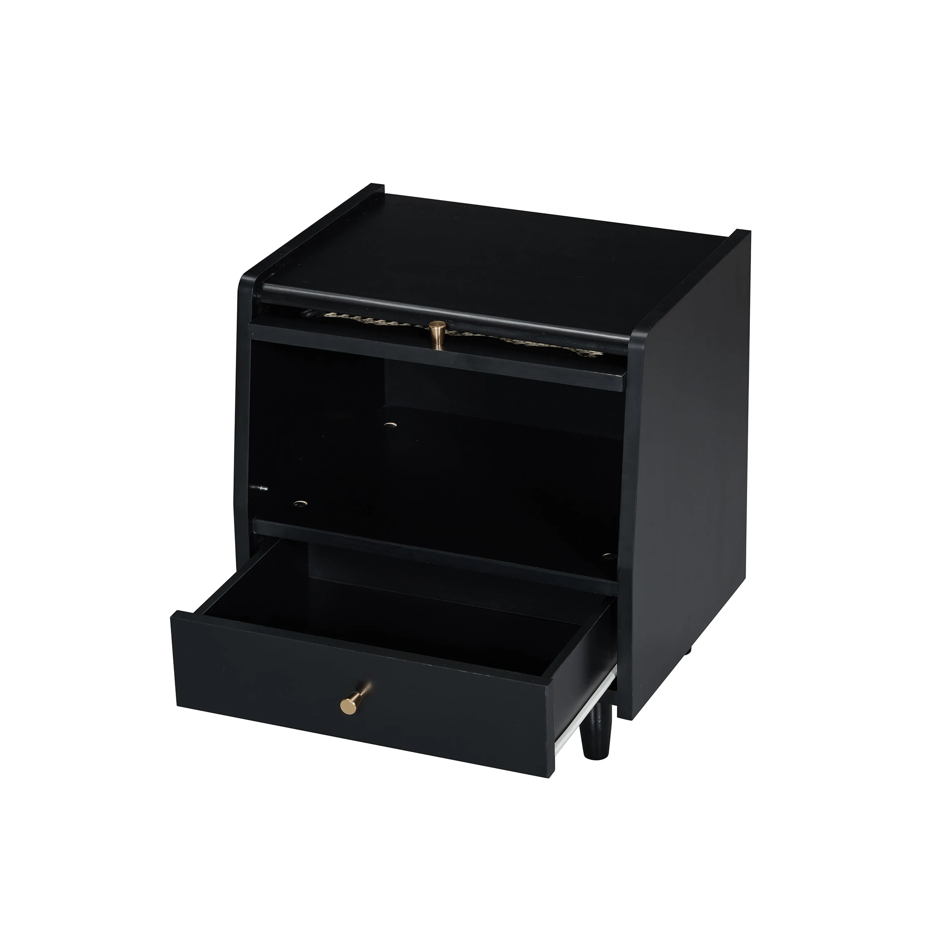 3-Piece Bedroom Set: Queen Bed Frame, Vintage Nightstand, Makeup Vanity Set with Stool, Black