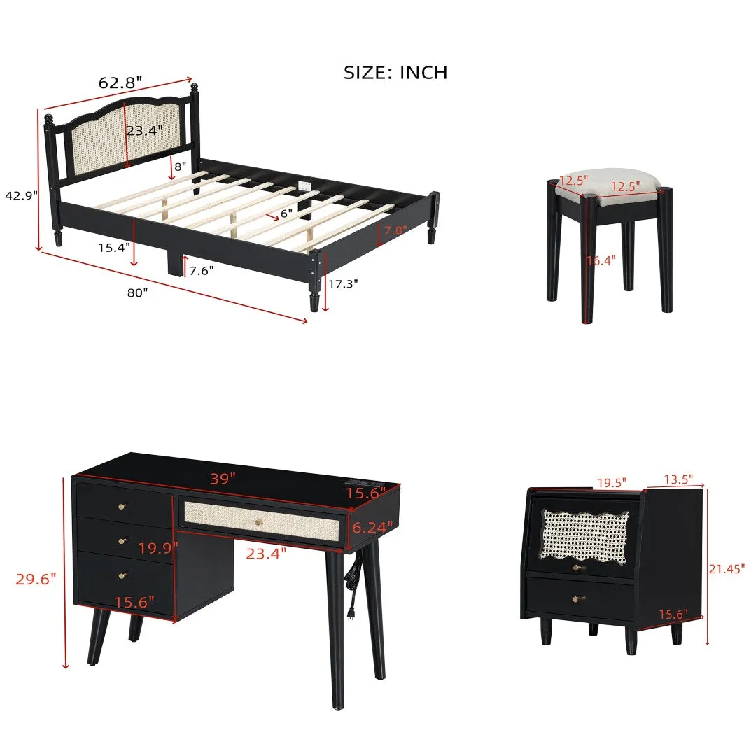 3-Piece Bedroom Set: Queen Bed Frame, Vintage Nightstand, Makeup Vanity Set with Stool, Black