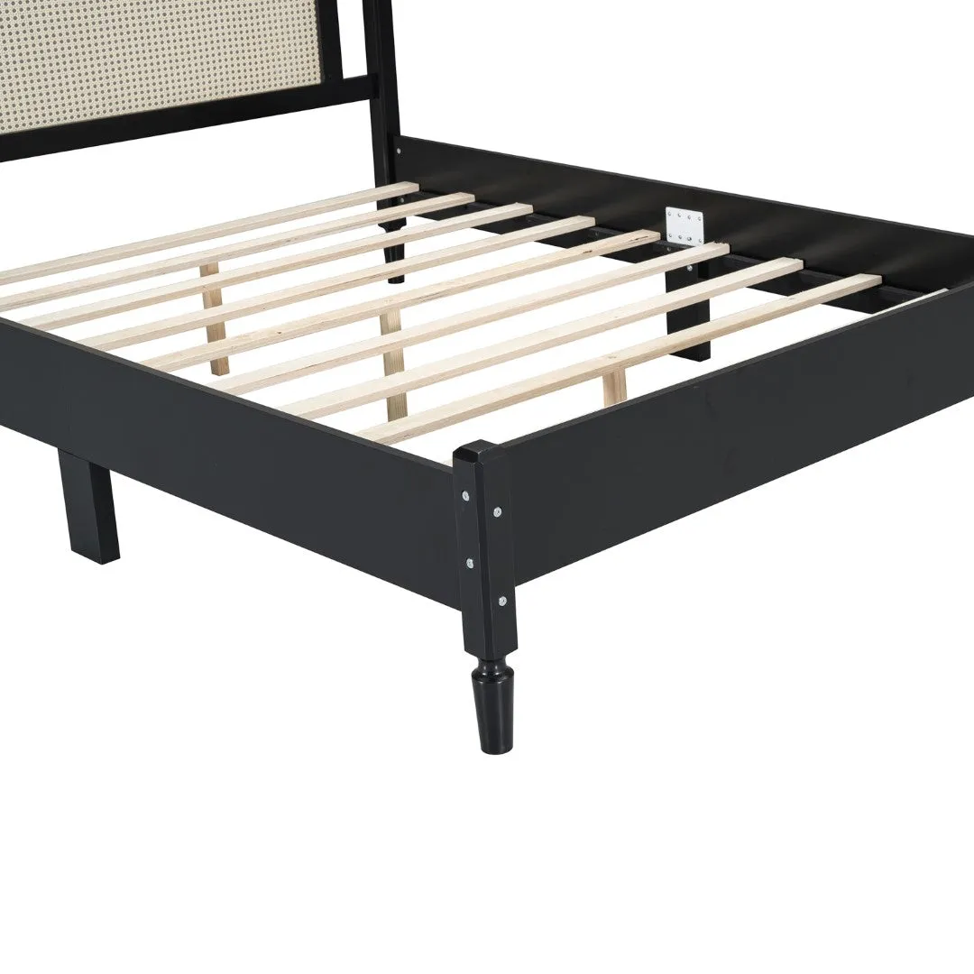 3-Piece Bedroom Set: Queen Bed Frame, Vintage Nightstand, Makeup Vanity Set with Stool, Black