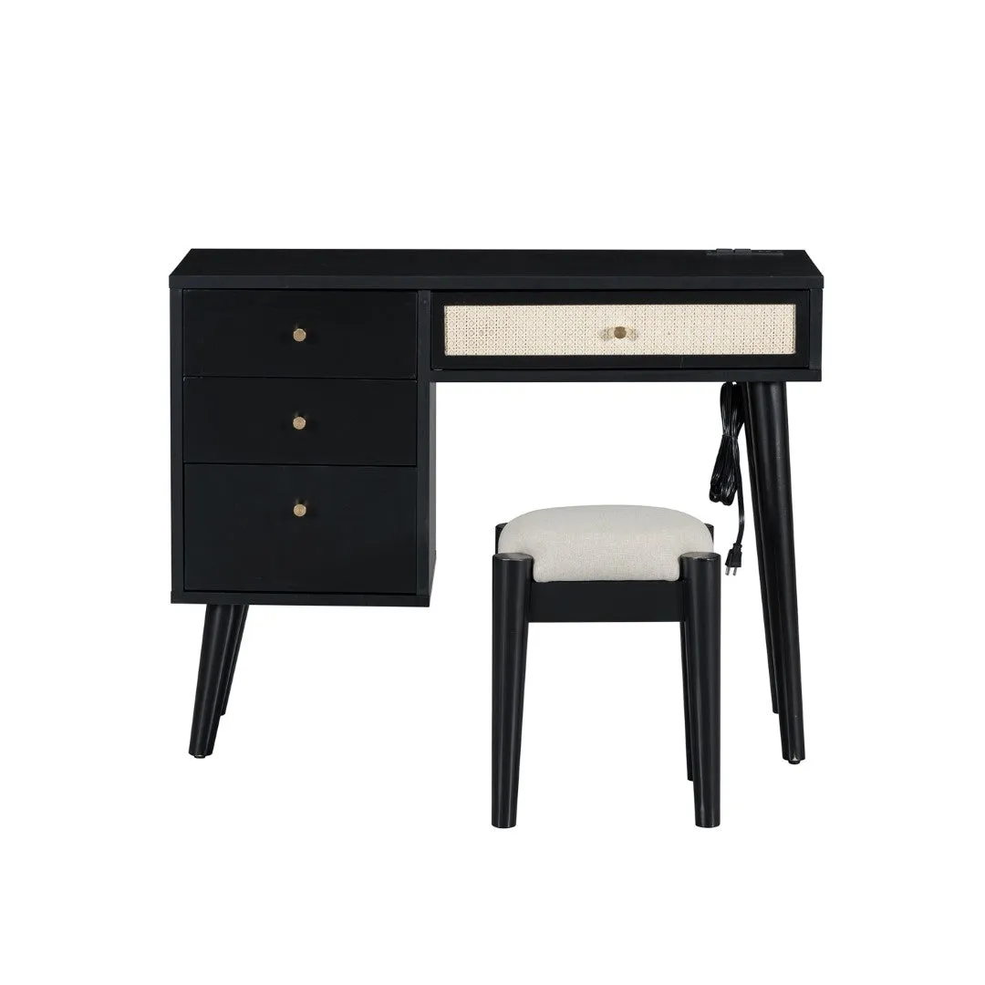 3-Piece Bedroom Set: Queen Bed Frame, Vintage Nightstand, Makeup Vanity Set with Stool, Black