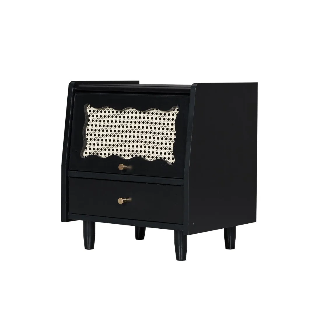 3-Piece Bedroom Set: Queen Bed Frame, Vintage Nightstand, Makeup Vanity Set with Stool, Black