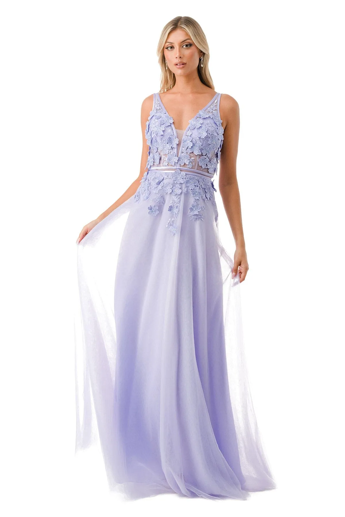 3D Floral Deep V-Neck Tulle Gown by Coya P2114