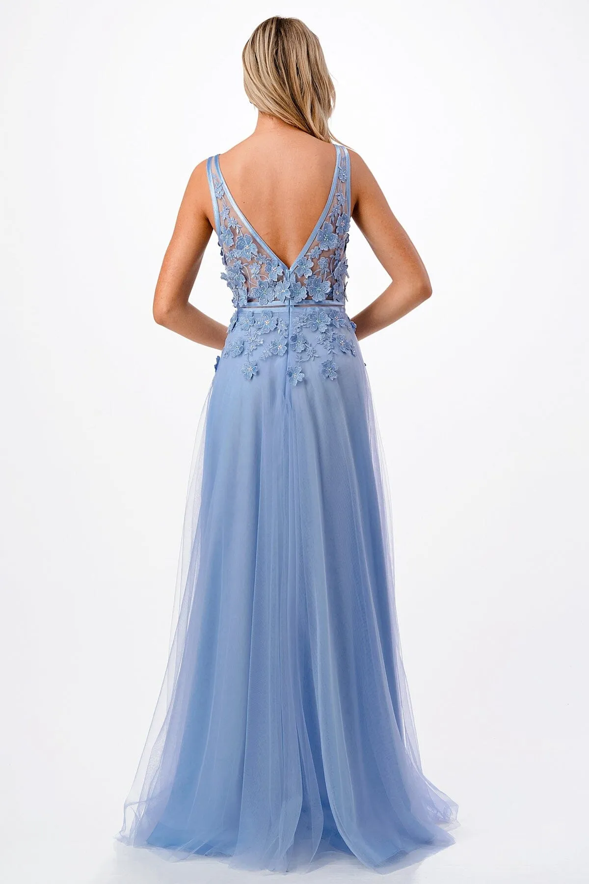 3D Floral Deep V-Neck Tulle Gown by Coya P2114
