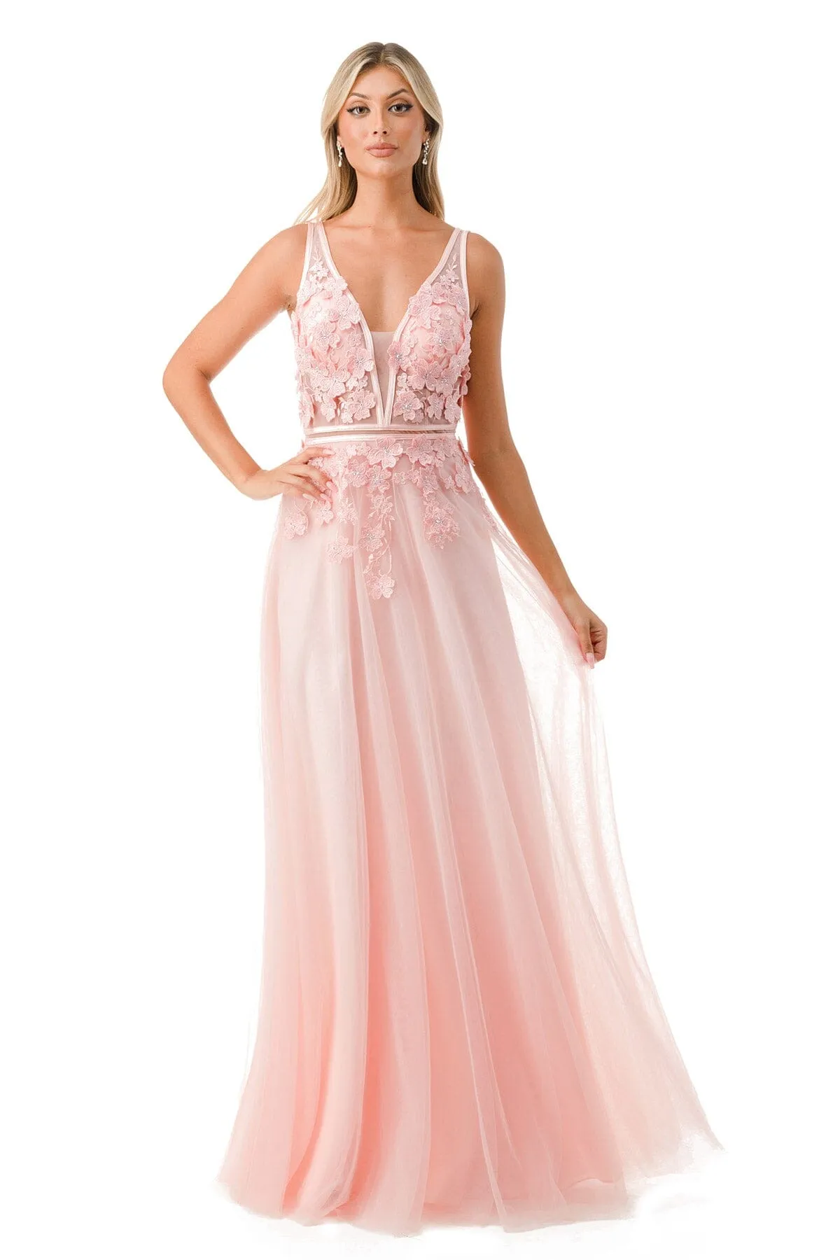 3D Floral Deep V-Neck Tulle Gown by Coya P2114