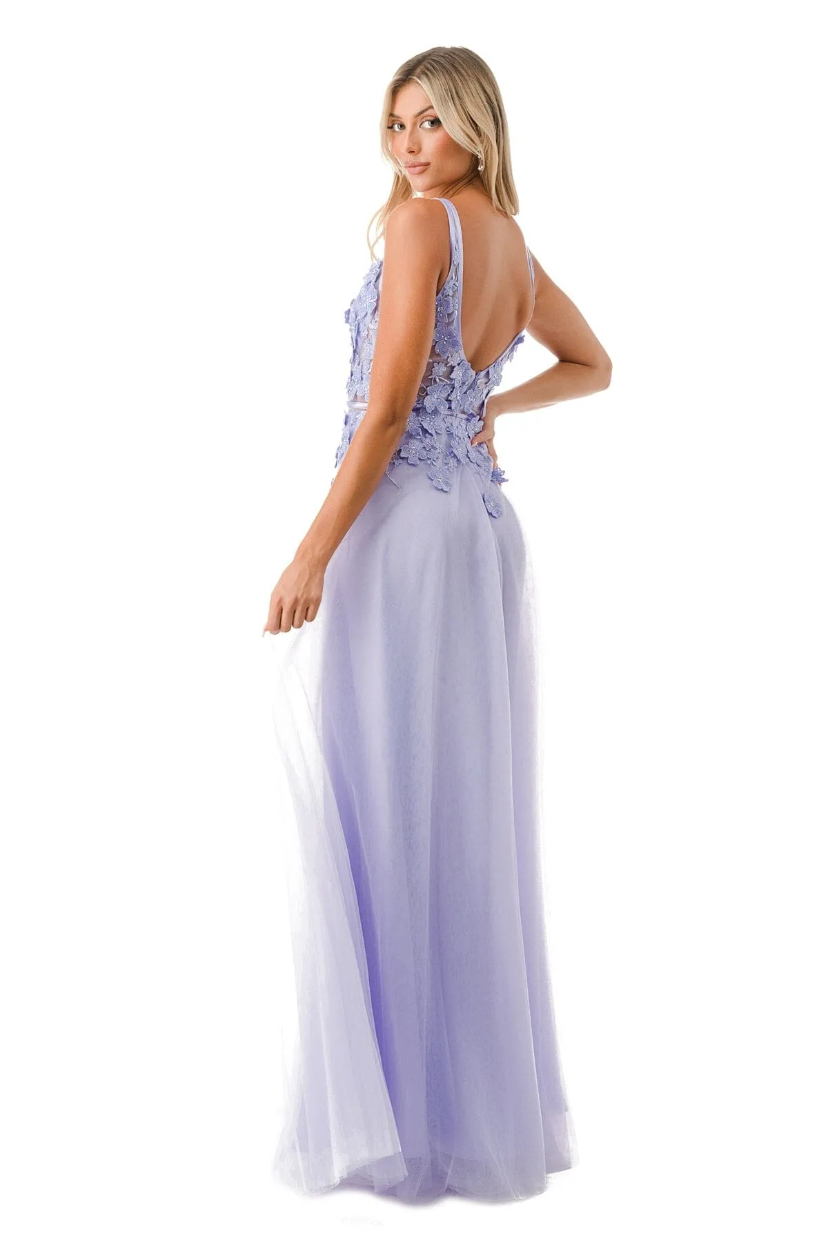 3D Floral Deep V-Neck Tulle Gown by Coya P2114