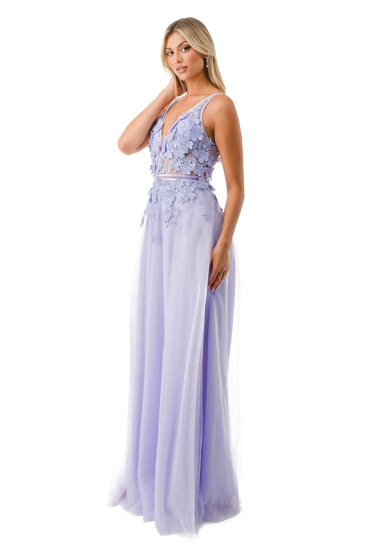3D Floral Deep V-Neck Tulle Gown by Coya P2114