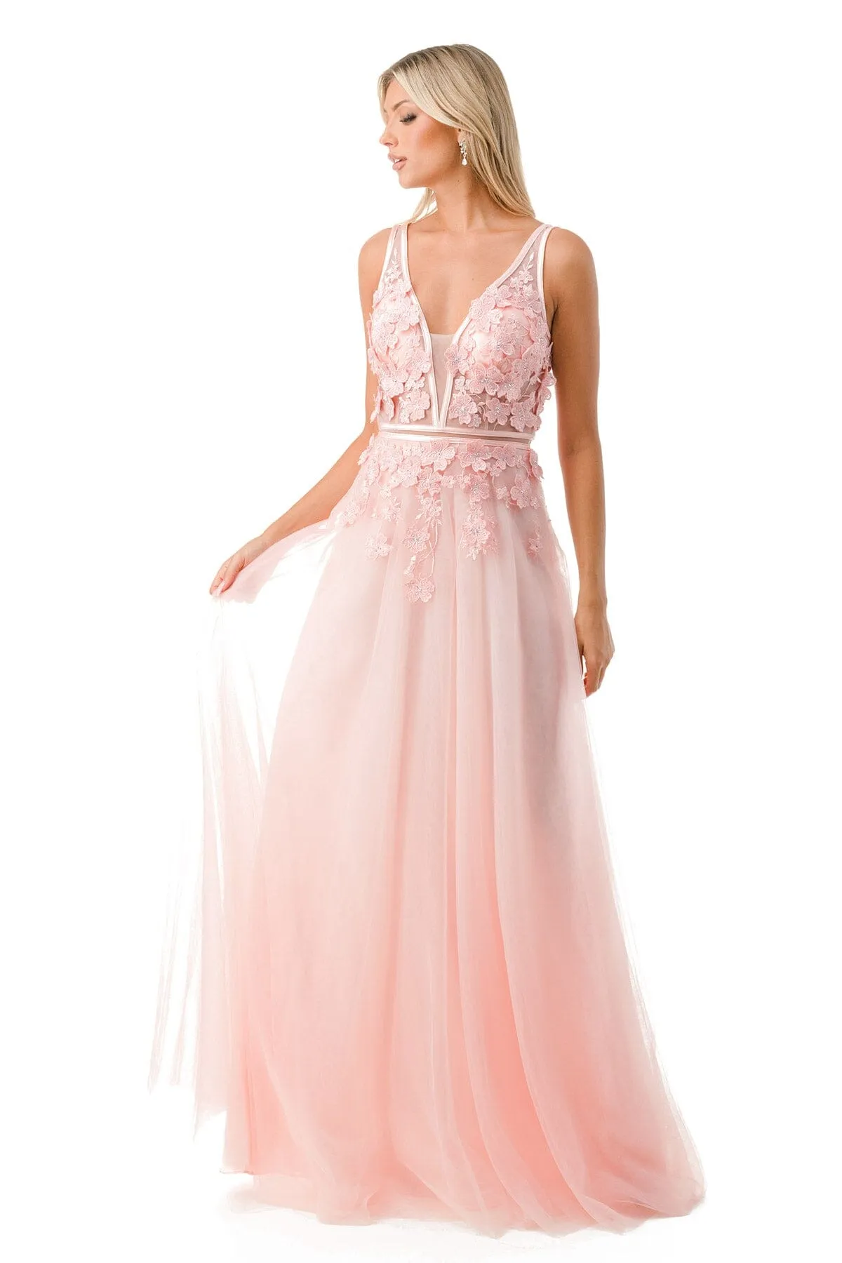 3D Floral Deep V-Neck Tulle Gown by Coya P2114
