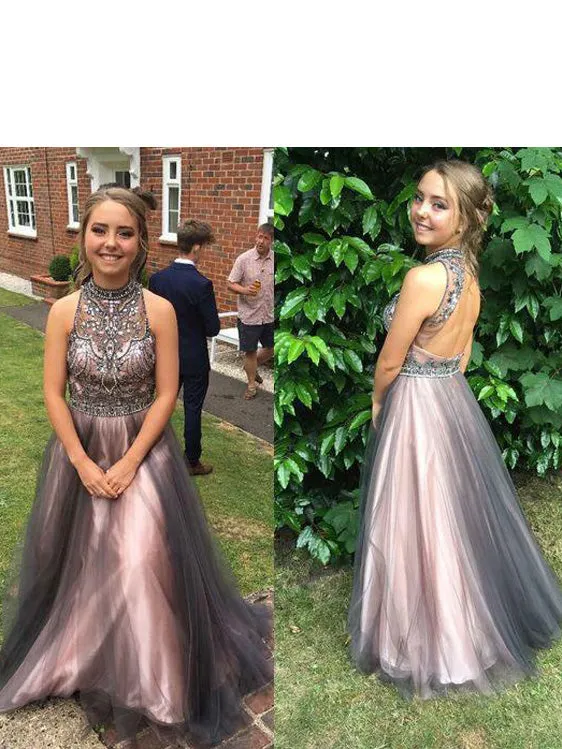 A-line Halter High Neck Beaded Top Tulle 2 Piece Long Prom Dresses apd1939