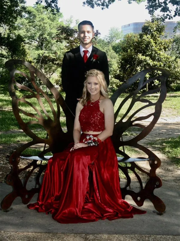 A Line Halter Neck 2 Pieces Lace Red Long Prom with Leg Slit, Lace Red Formal, Evening