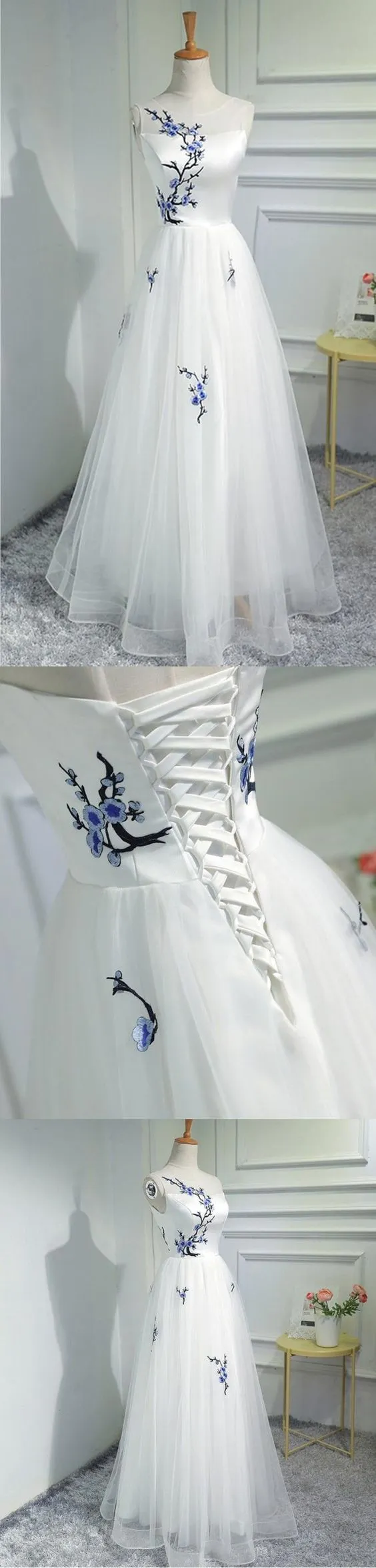 A-line Prom Dresses Scoop White Applique Long Prom Dress Evening Dresses ASSD017