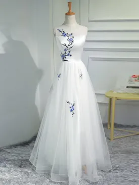 A-line Prom Dresses Scoop White Applique Long Prom Dress Evening Dresses ASSD017