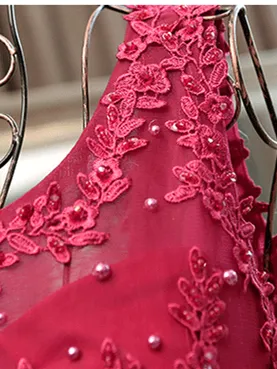 A-line Scoop-Neck Floor-Length Tulle Appliqued Beaded Red  Prom Dresses ASD26985