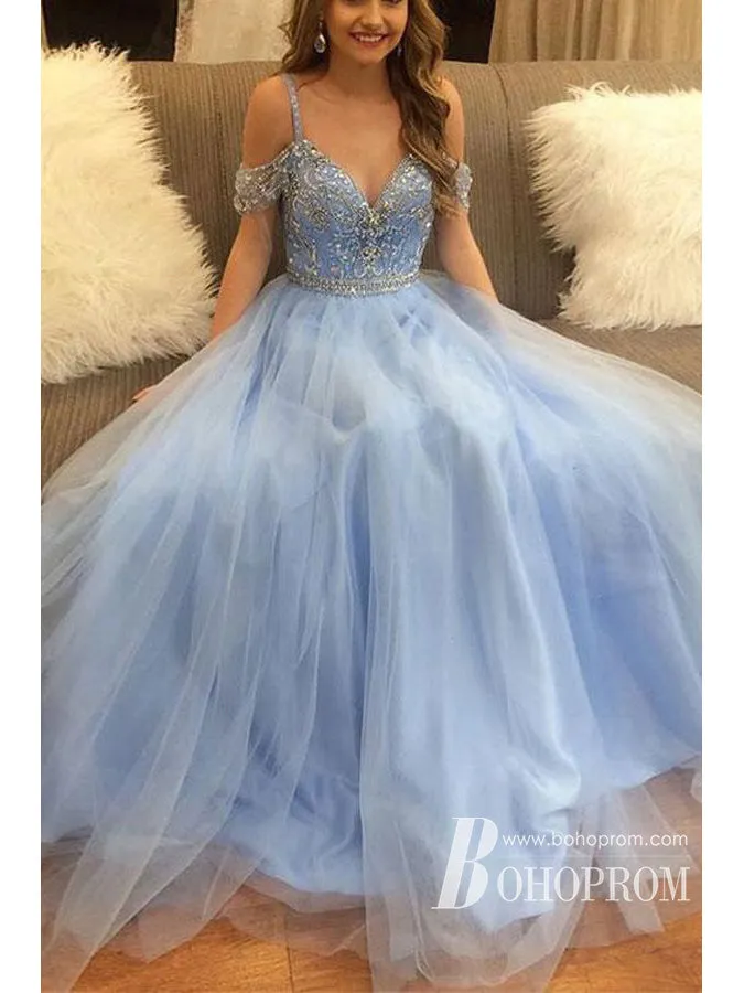 A-line Spaghetti Strap Floor-Length Tulle Prom Dresses With Rhine Stones HX0067