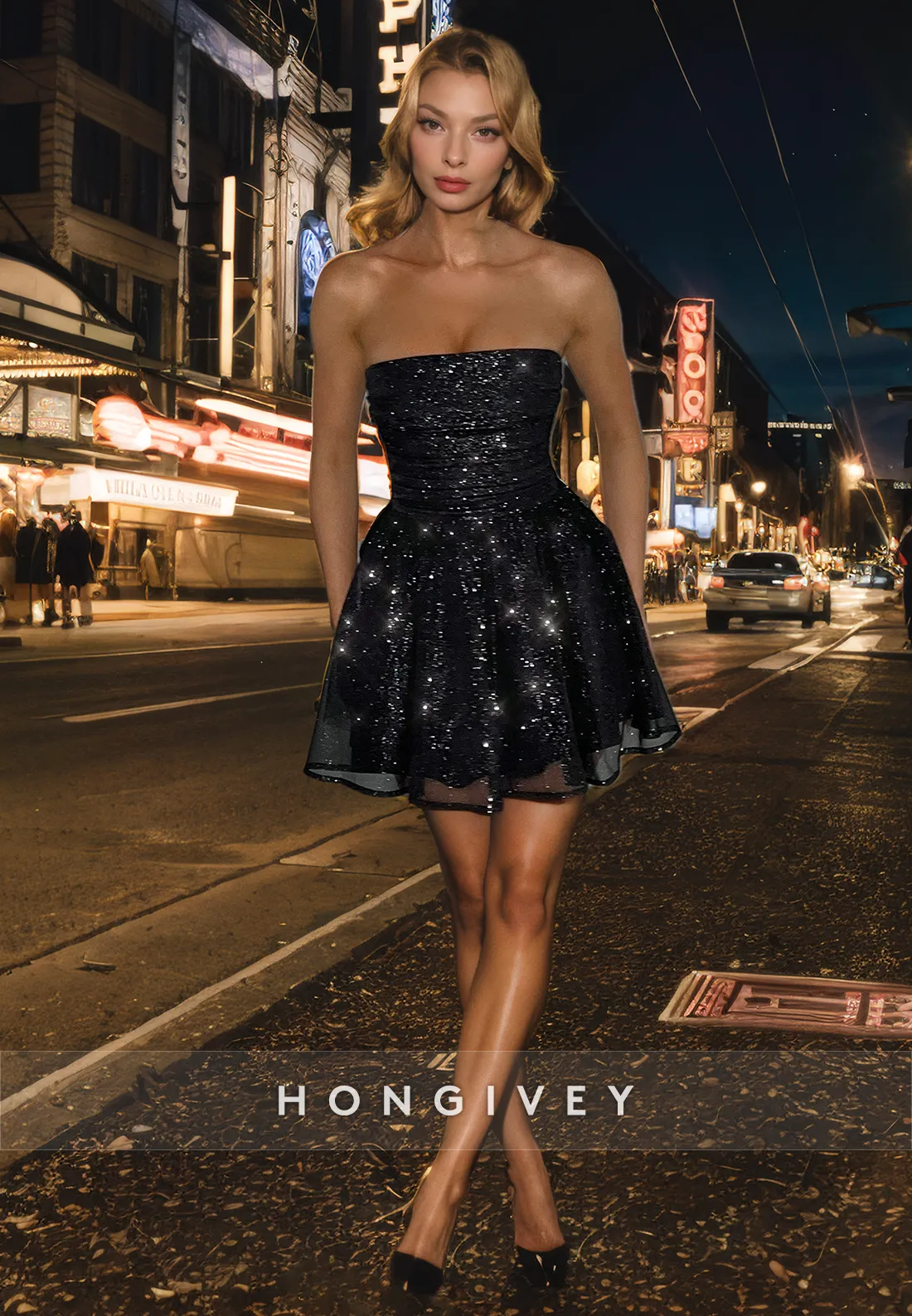 A-Line Strapless Sleeveless Sparkly Tulle Short Homecoming Dress