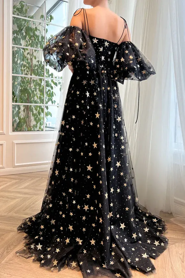 A Line Tulle Black Long Prom Dress Black Tulle Formal Evening Dress KPP1659