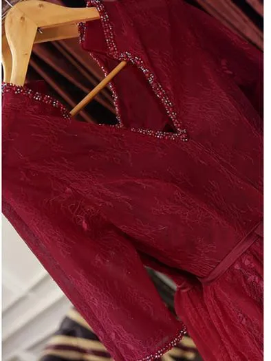 A-line V-Neck Floor-Length Lace Rhine Stone Burgundy Prom Dresses ASD26988