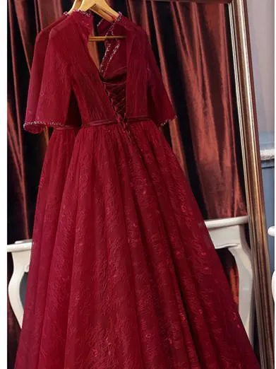 A-line V-Neck Floor-Length Lace Rhine Stone Burgundy Prom Dresses ASD26988