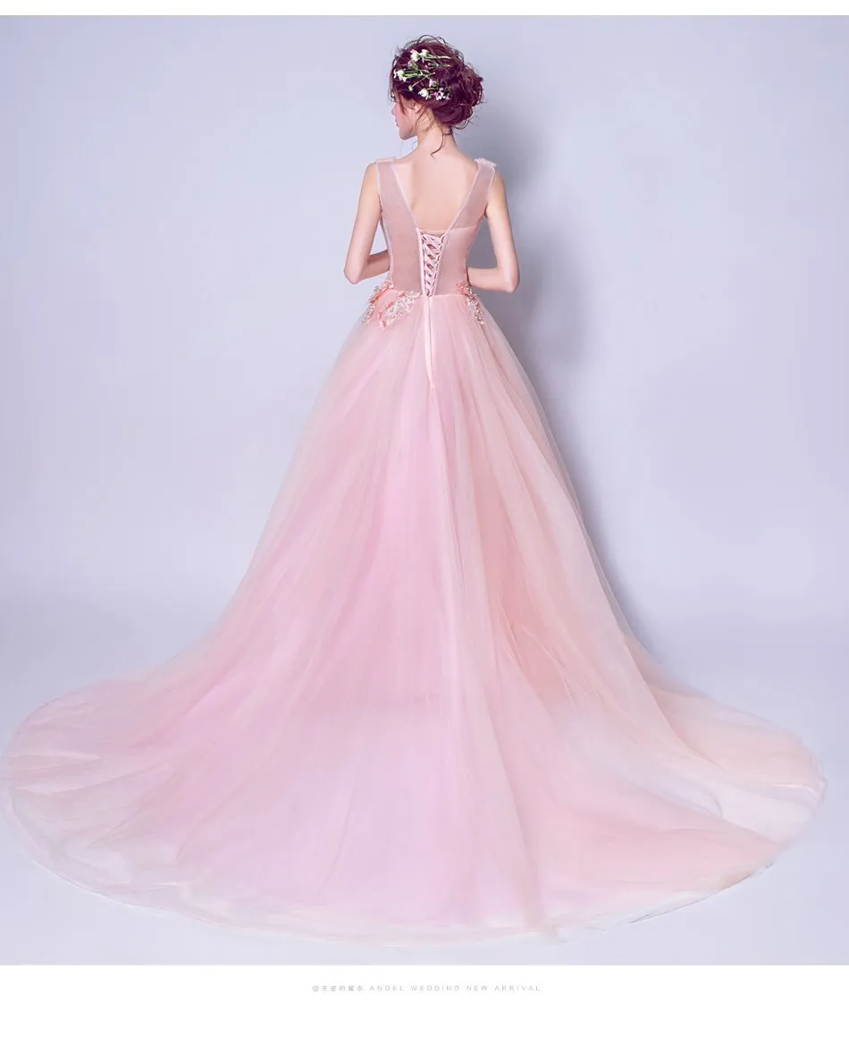 A-line V-Neck Sweep Train Tulle Appliqued Beaded Blushing Pink Prom Dresses ASD27000