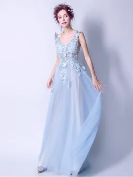 A-line V-Neck Sweep Train Tulle Appliqued Beaded Sky Blue Prom Dresses ASD27004