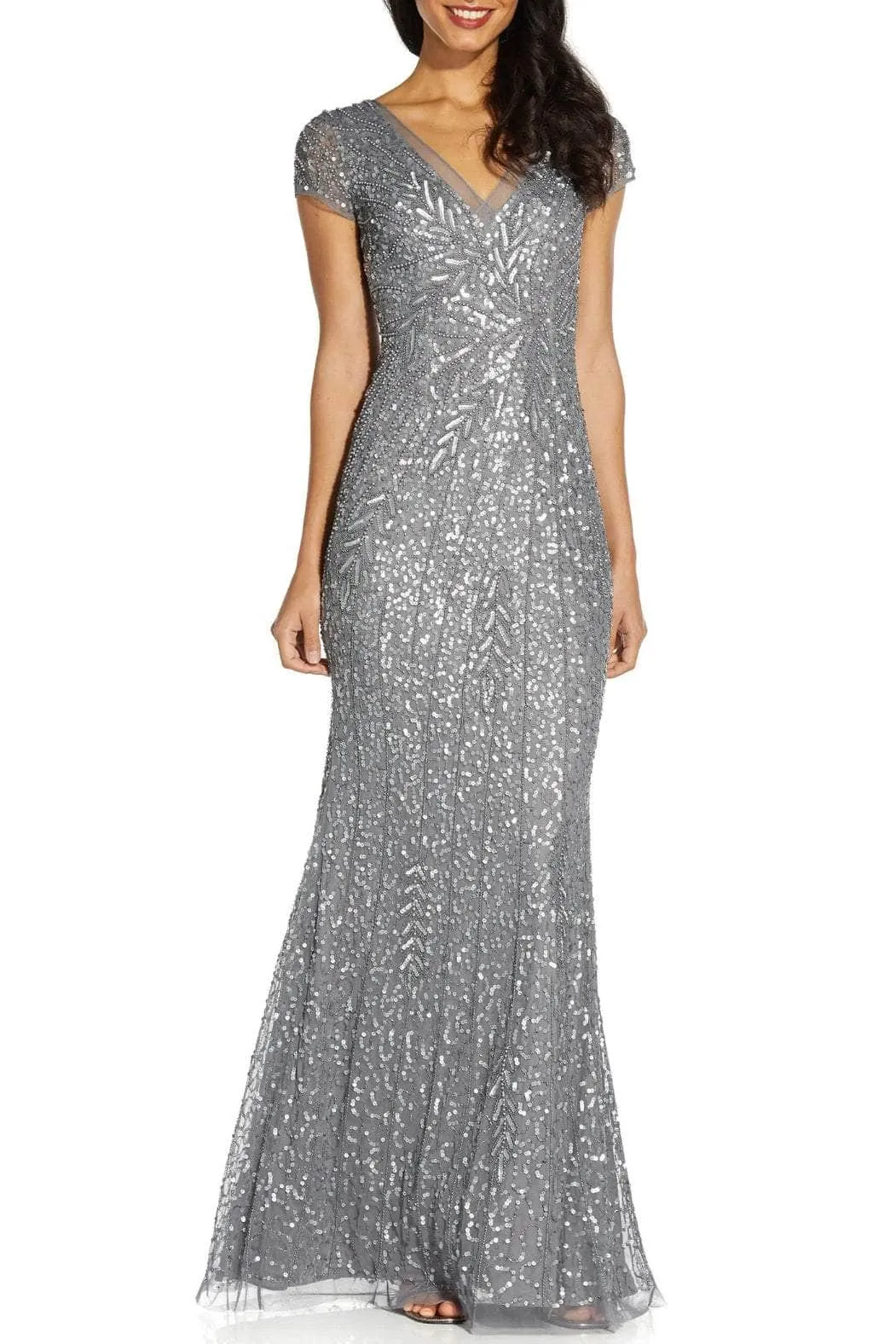 Adrianna Papell AP1E208531 - Beaded Mesh V-Neck Evening Gown