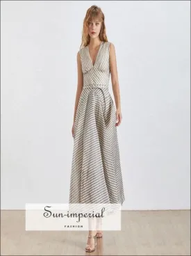 Argenteuil Dress- Elegant Maxi Striped Dress for Women Deep V Neck Sleeveless