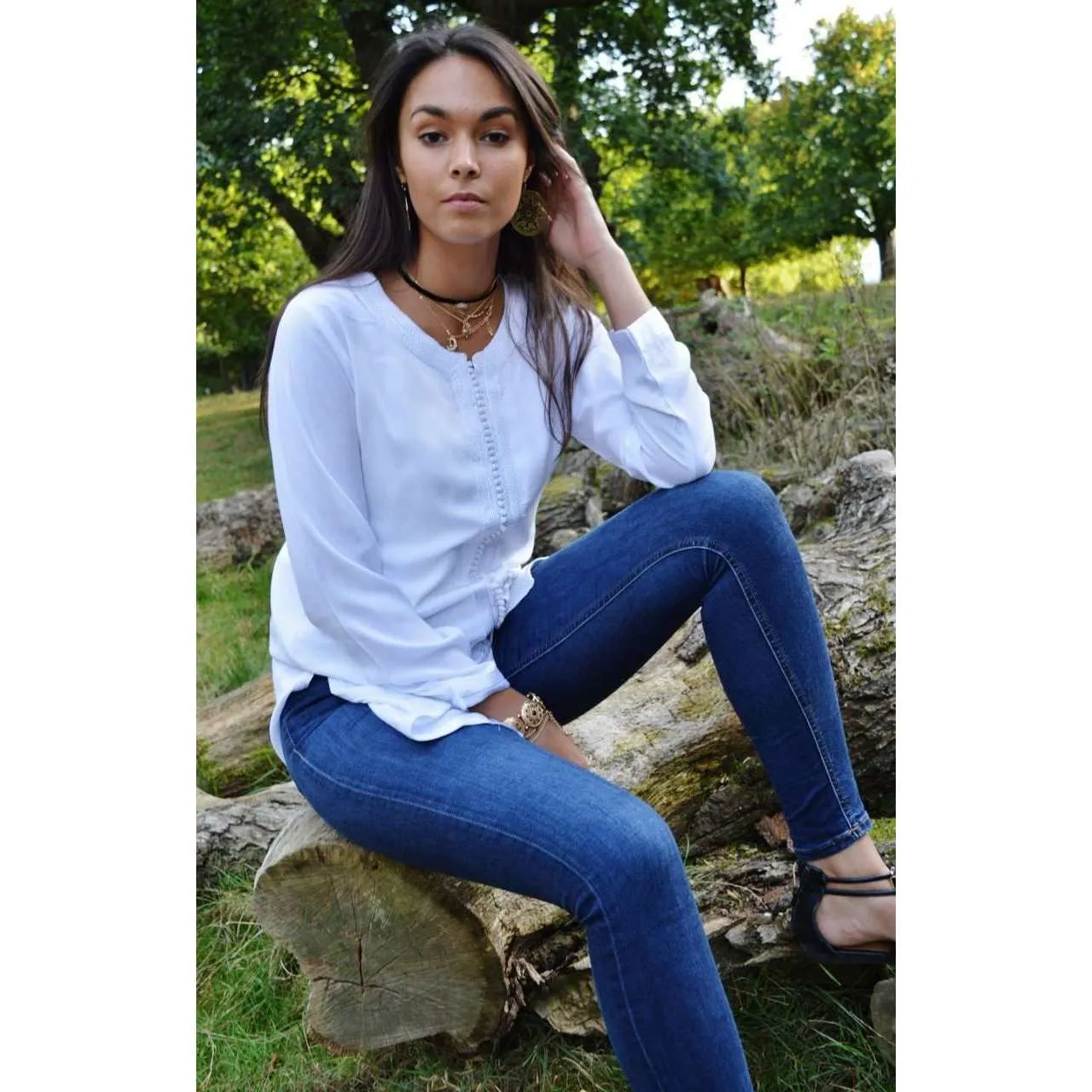 Autumn New White Magrib Moroccan Embroidery Shirt Tunic