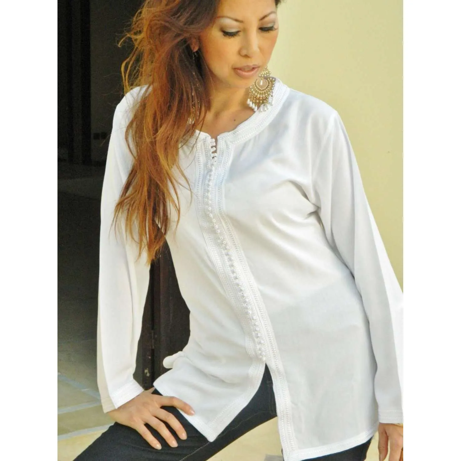 Autumn New White Magrib Moroccan Embroidery Shirt Tunic