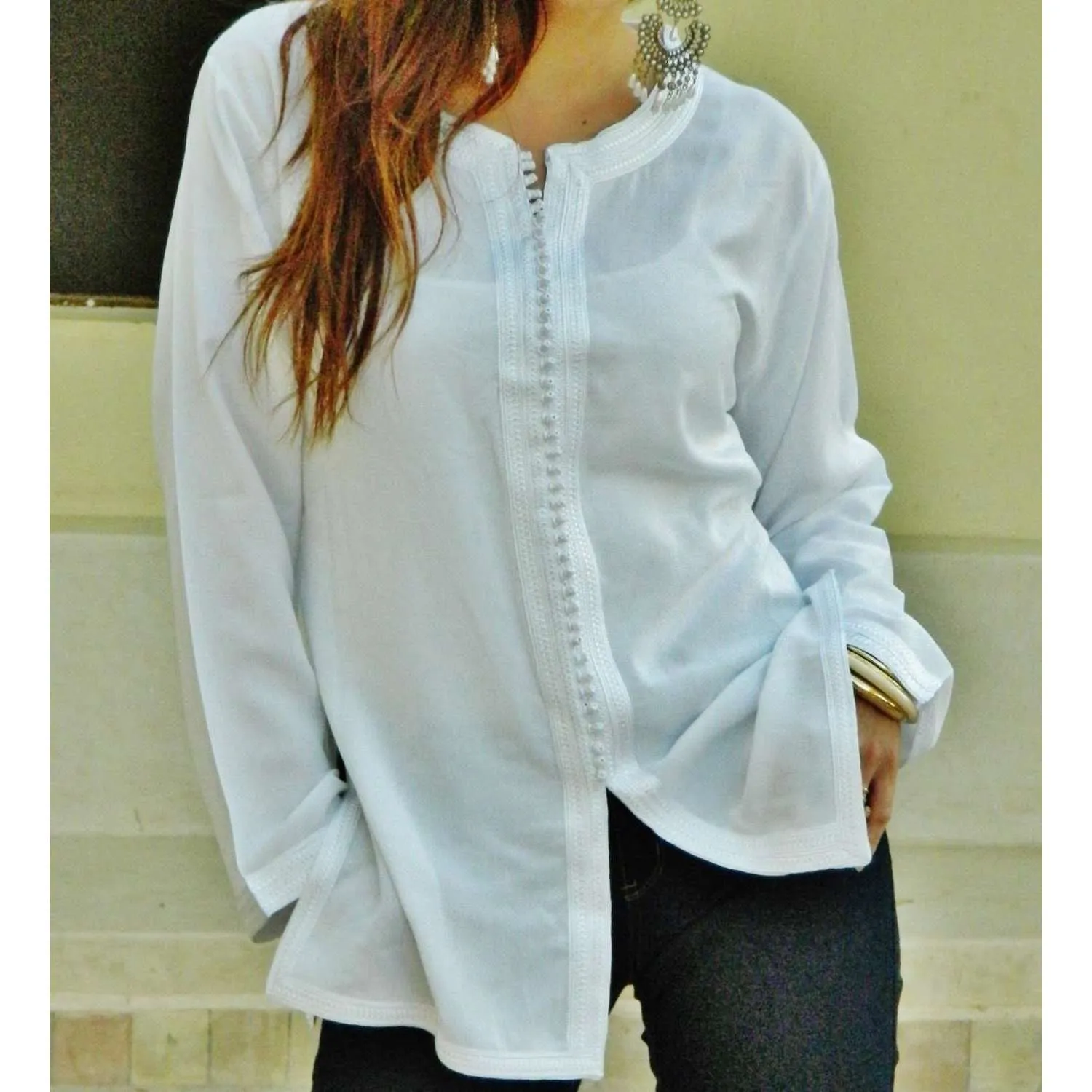 Autumn New White Magrib Moroccan Embroidery Shirt Tunic