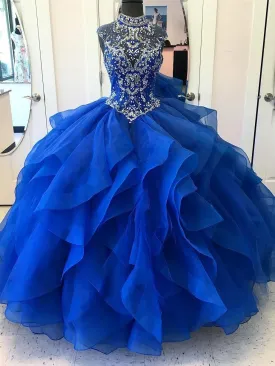 Ball-Gown High-Neck Chapel Train Organza Rhine Stone Quinceanera Dresses 2860