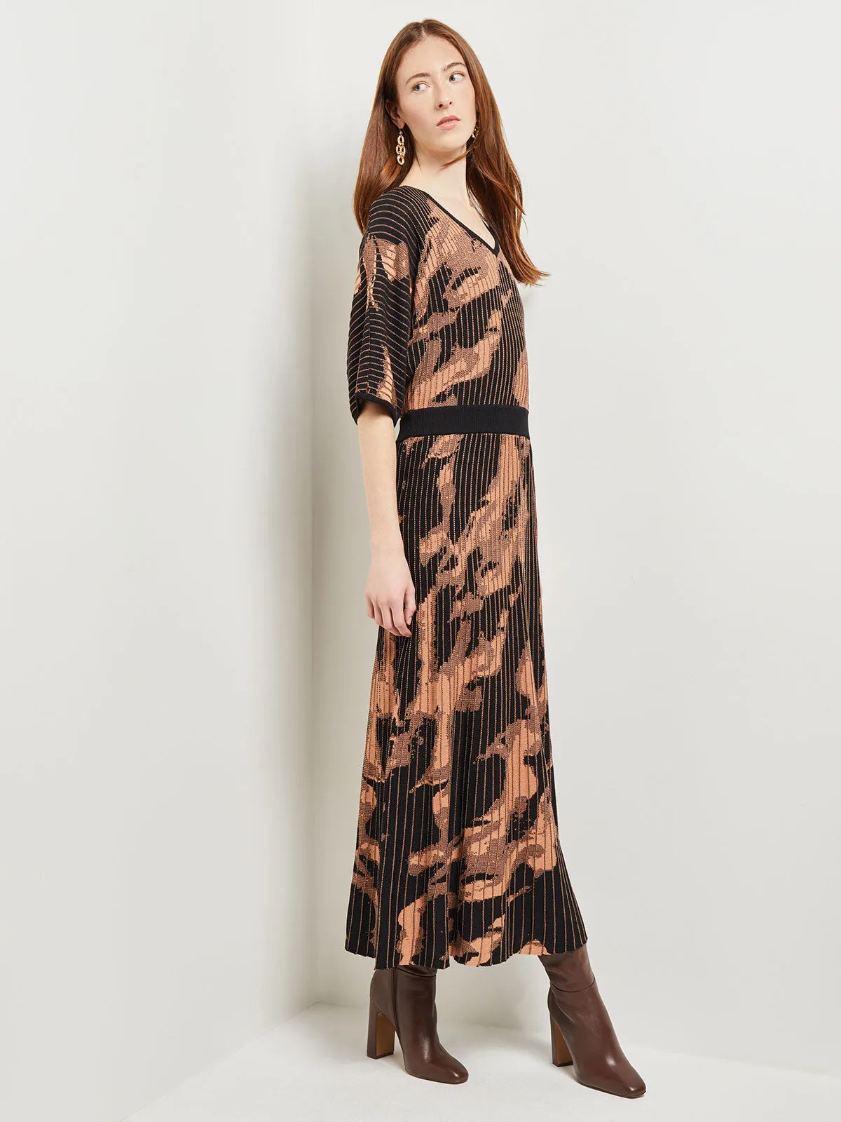 Batwing Sleeve Soft Jacquard Knit Midi Dress