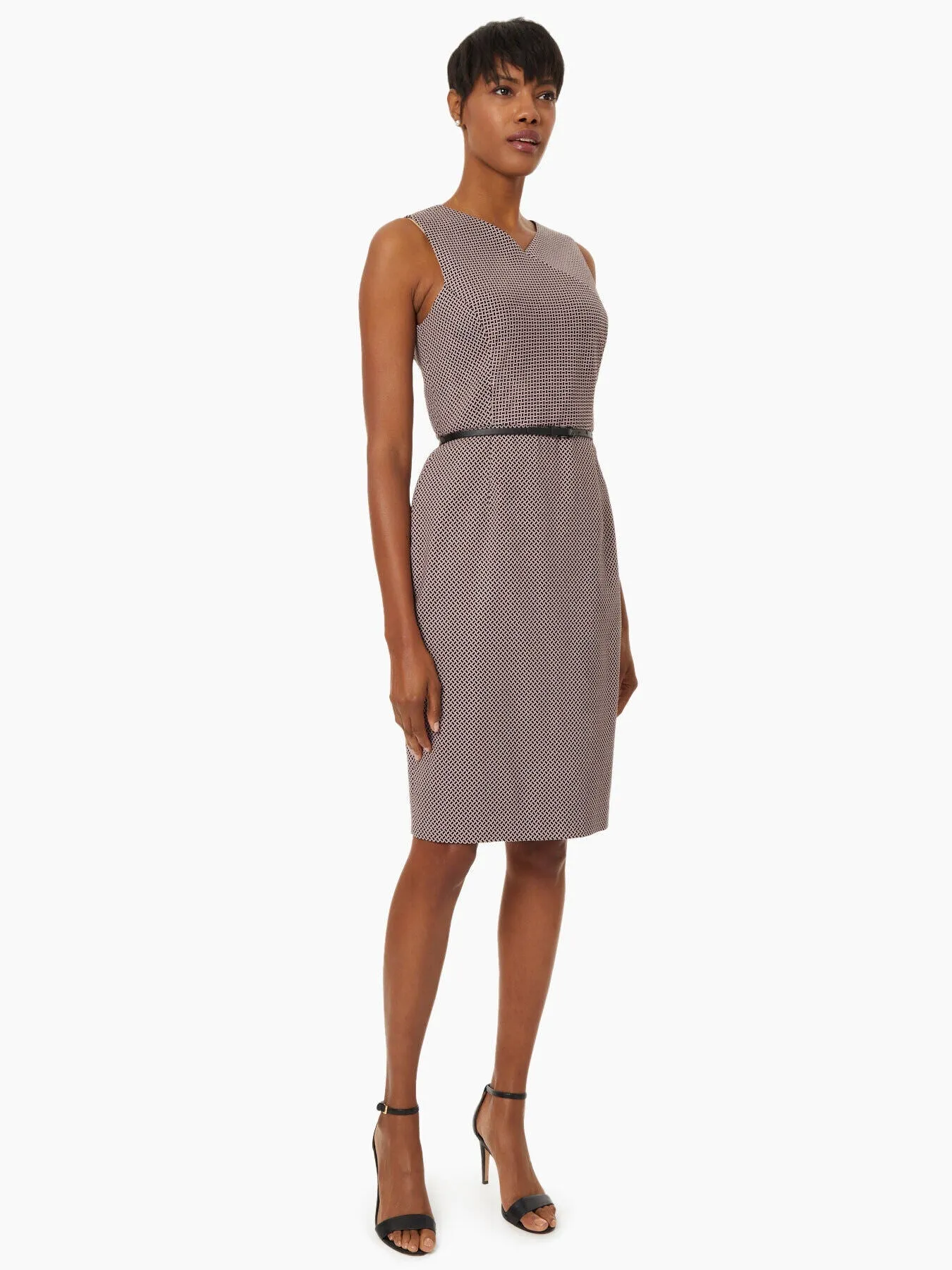 Belted Geo Jacquard Stretch Crepe Sheath Dress