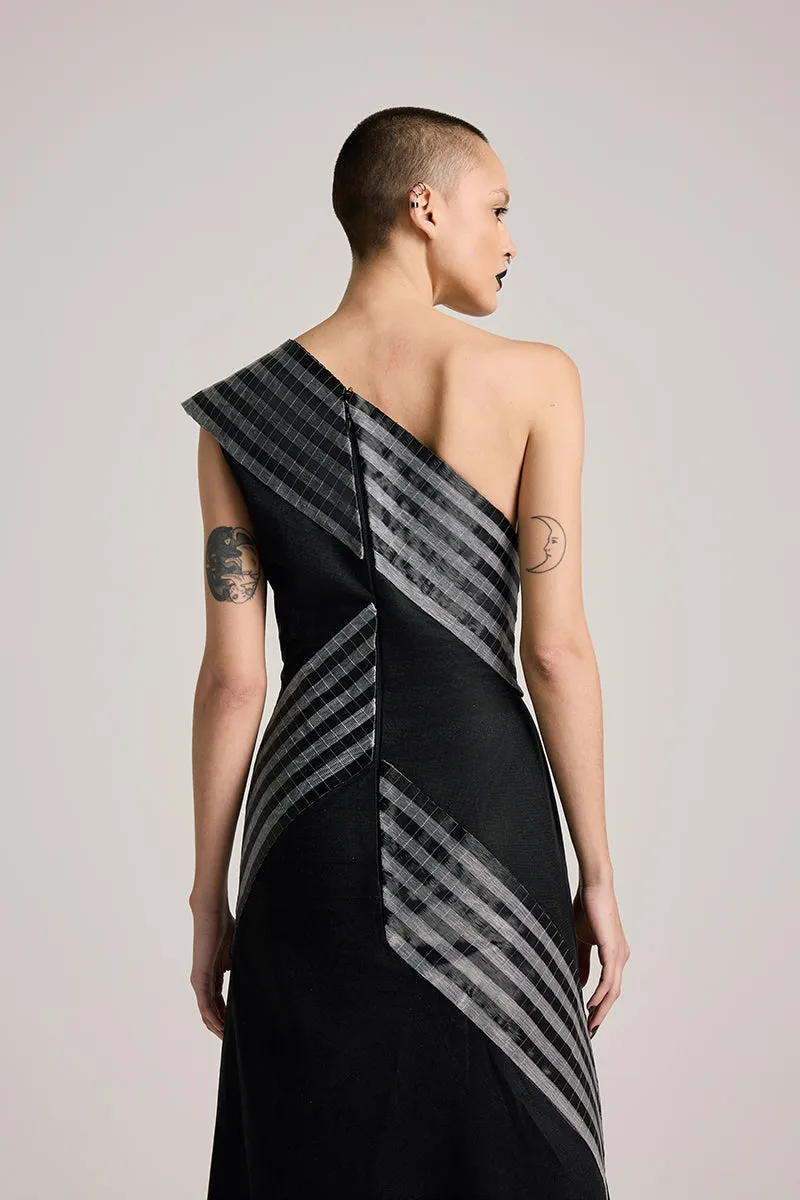 BLACK ASYMMETRIC GLASS MAXI DRESS
