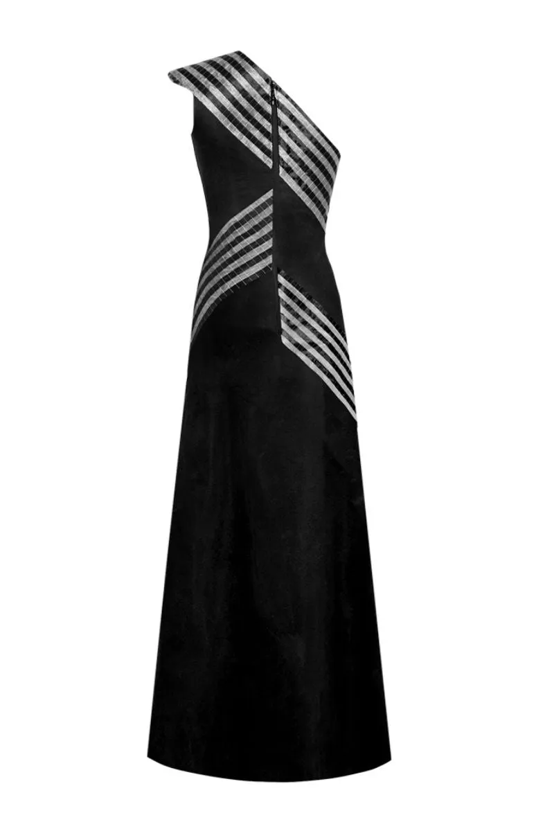 BLACK ASYMMETRIC GLASS MAXI DRESS