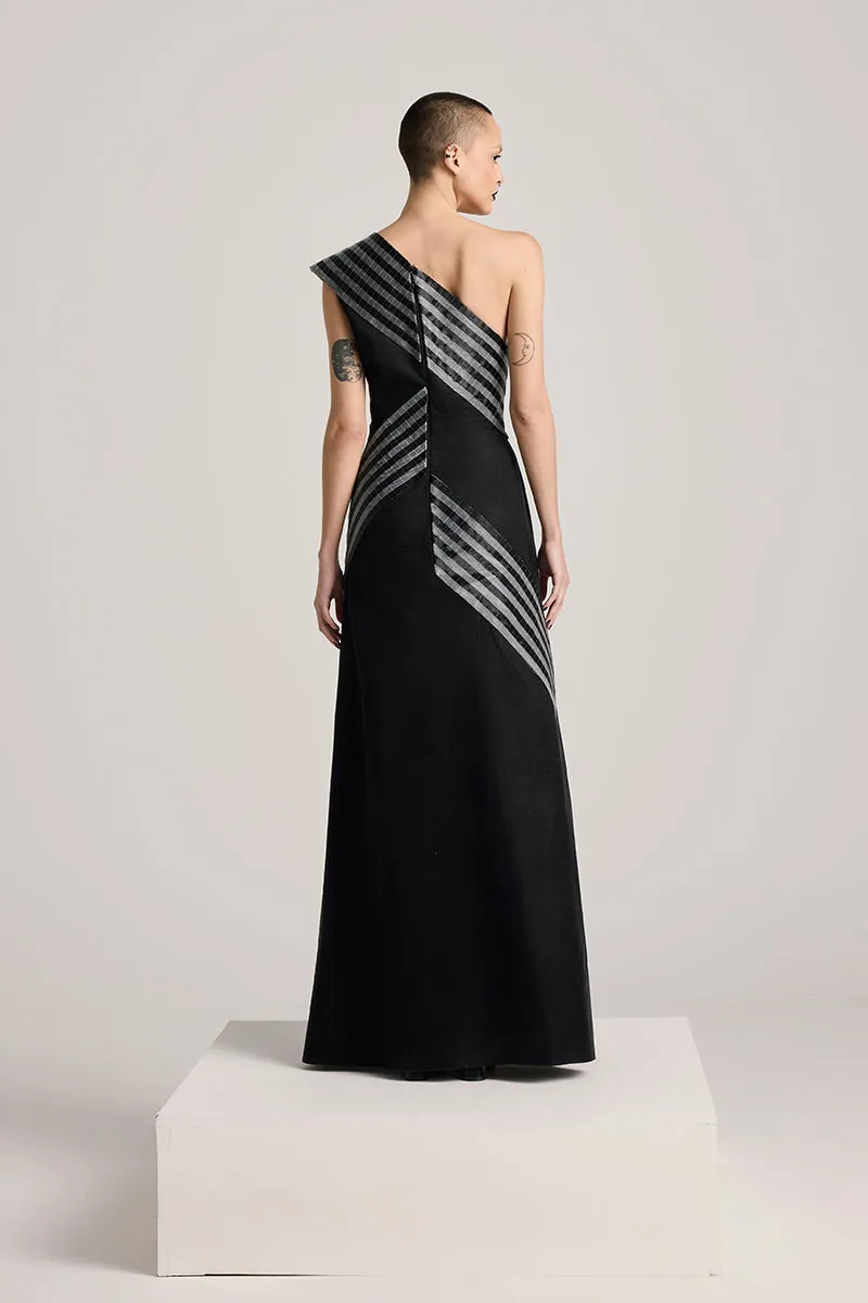 BLACK ASYMMETRIC GLASS MAXI DRESS