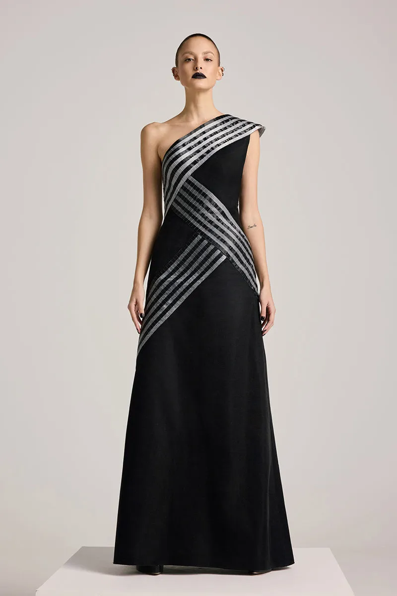 BLACK ASYMMETRIC GLASS MAXI DRESS