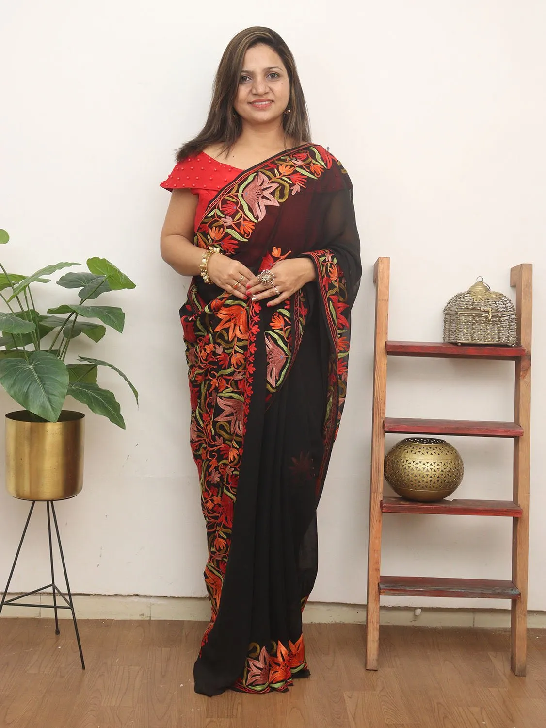 Black Embroidered Kashmiri Aari Work Georgette Saree