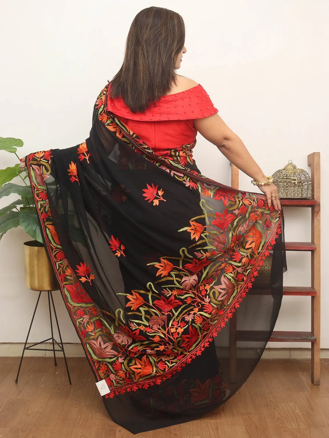 Black Embroidered Kashmiri Aari Work Georgette Saree