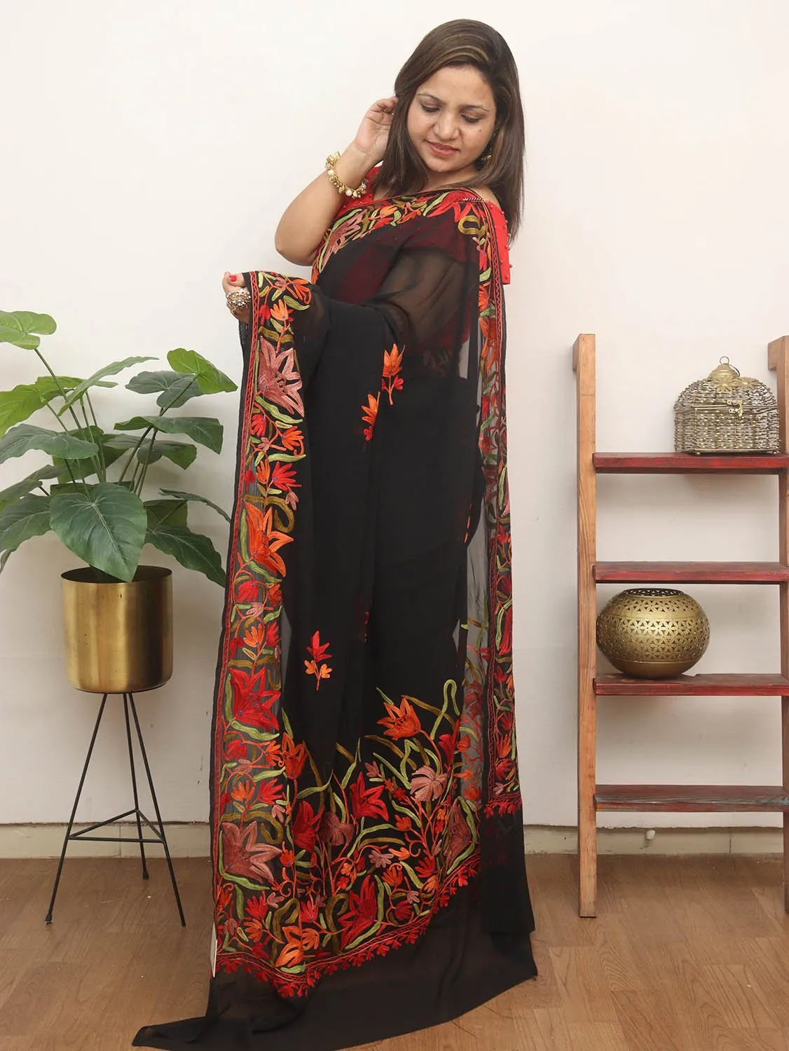 Black Embroidered Kashmiri Aari Work Georgette Saree
