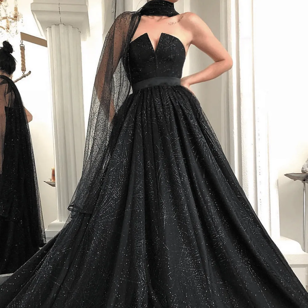 black sparkle prom dresses ball gown 2020 high neck elegant one shoulder cheap prom gown