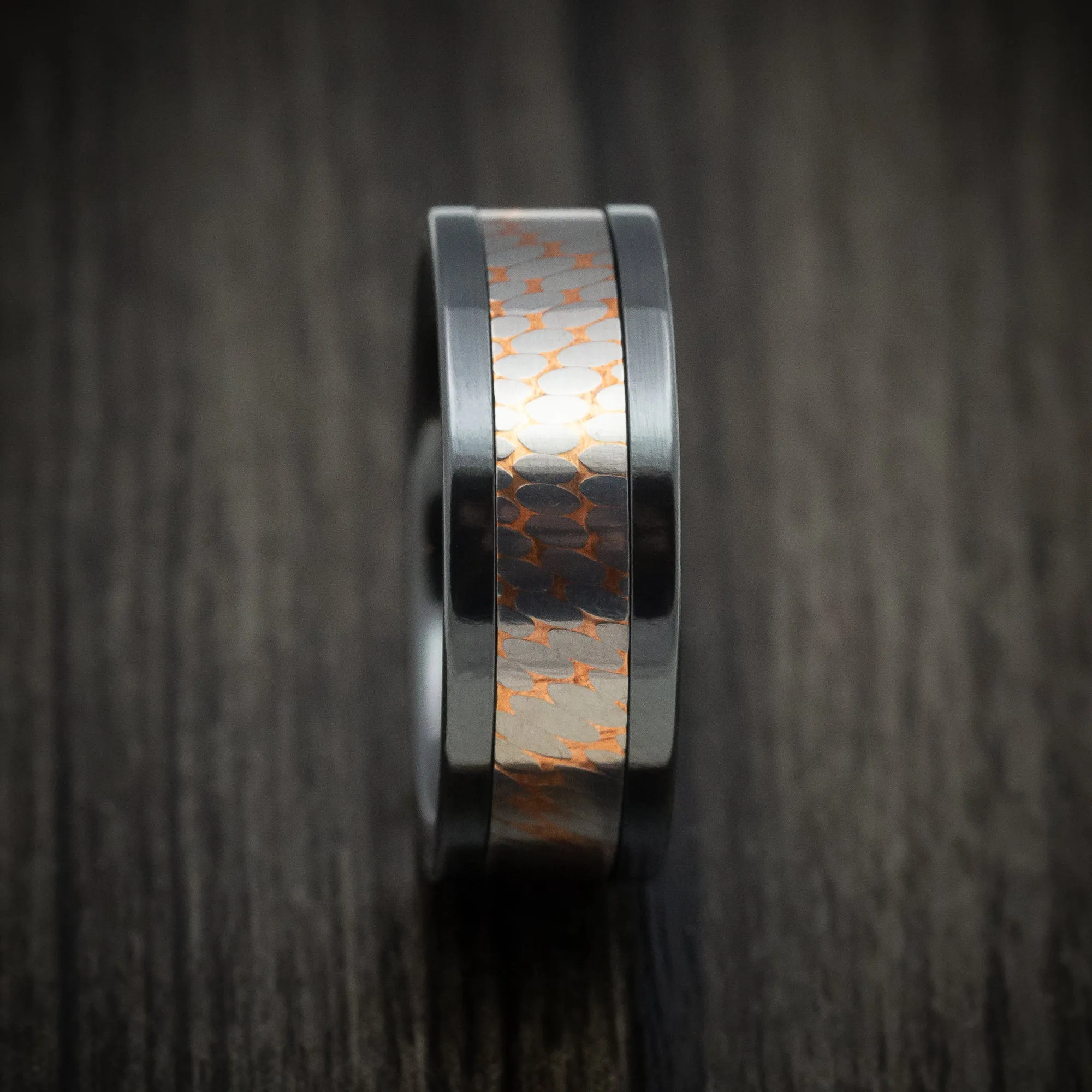 Black Titanium And Superconductor Men's Ring Custom Made Titanium-Niobium And Copper Band