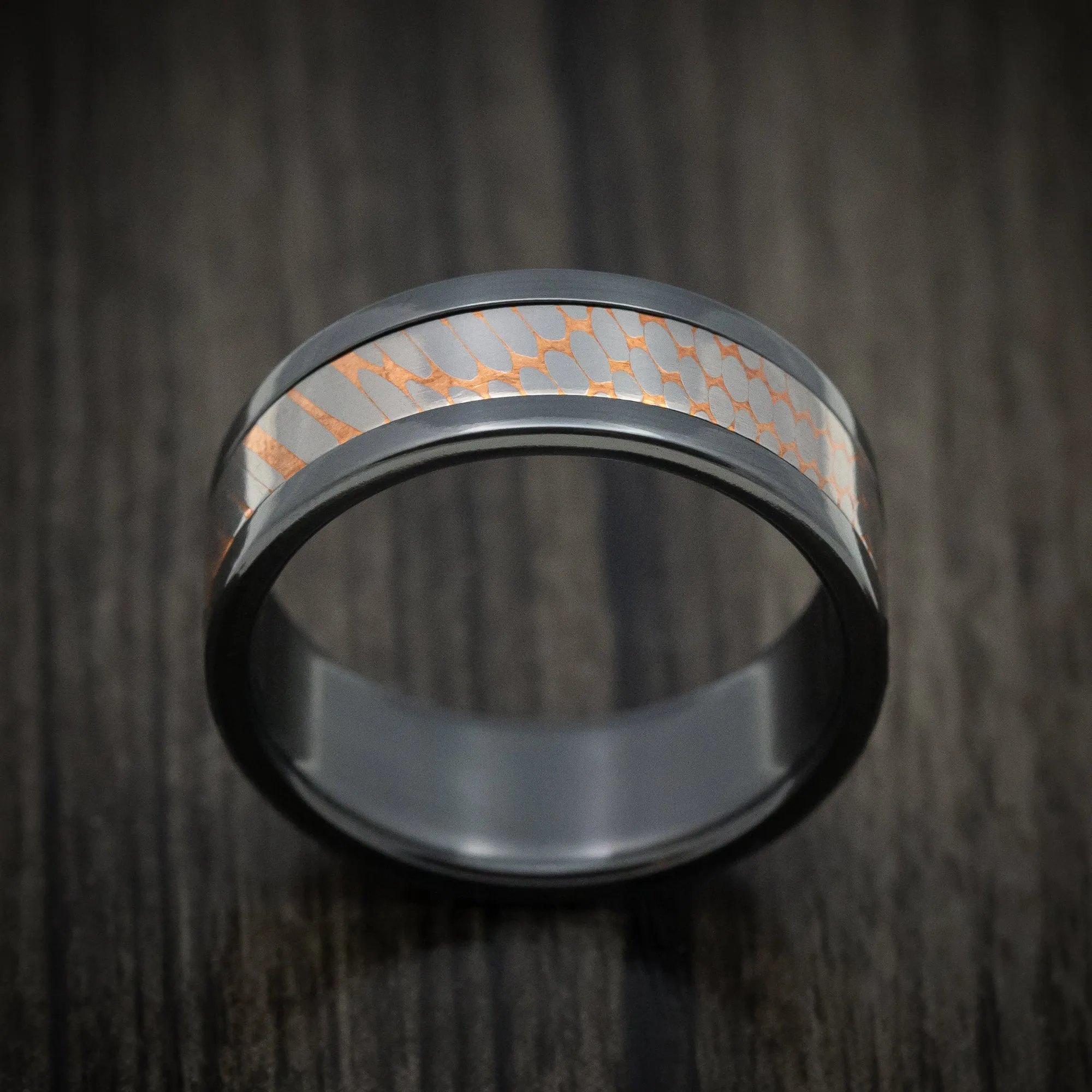 Black Titanium And Superconductor Men's Ring Custom Made Titanium-Niobium And Copper Band