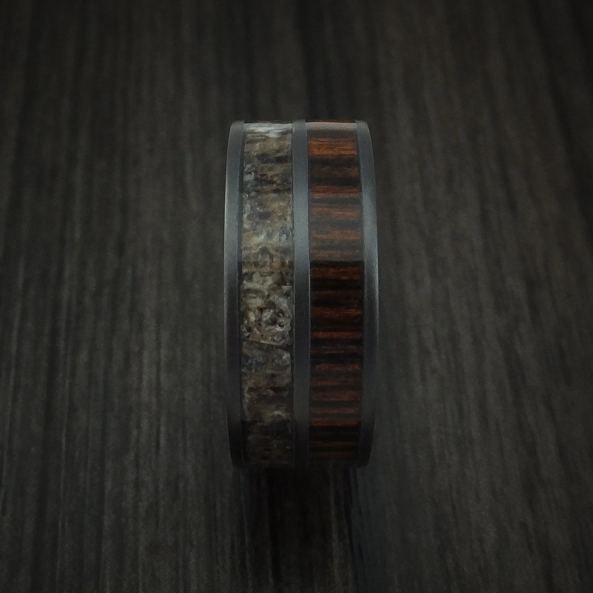 Black Titanium Men's Ring with Zircote Hardwood and Antler Inlays Custom Made Band