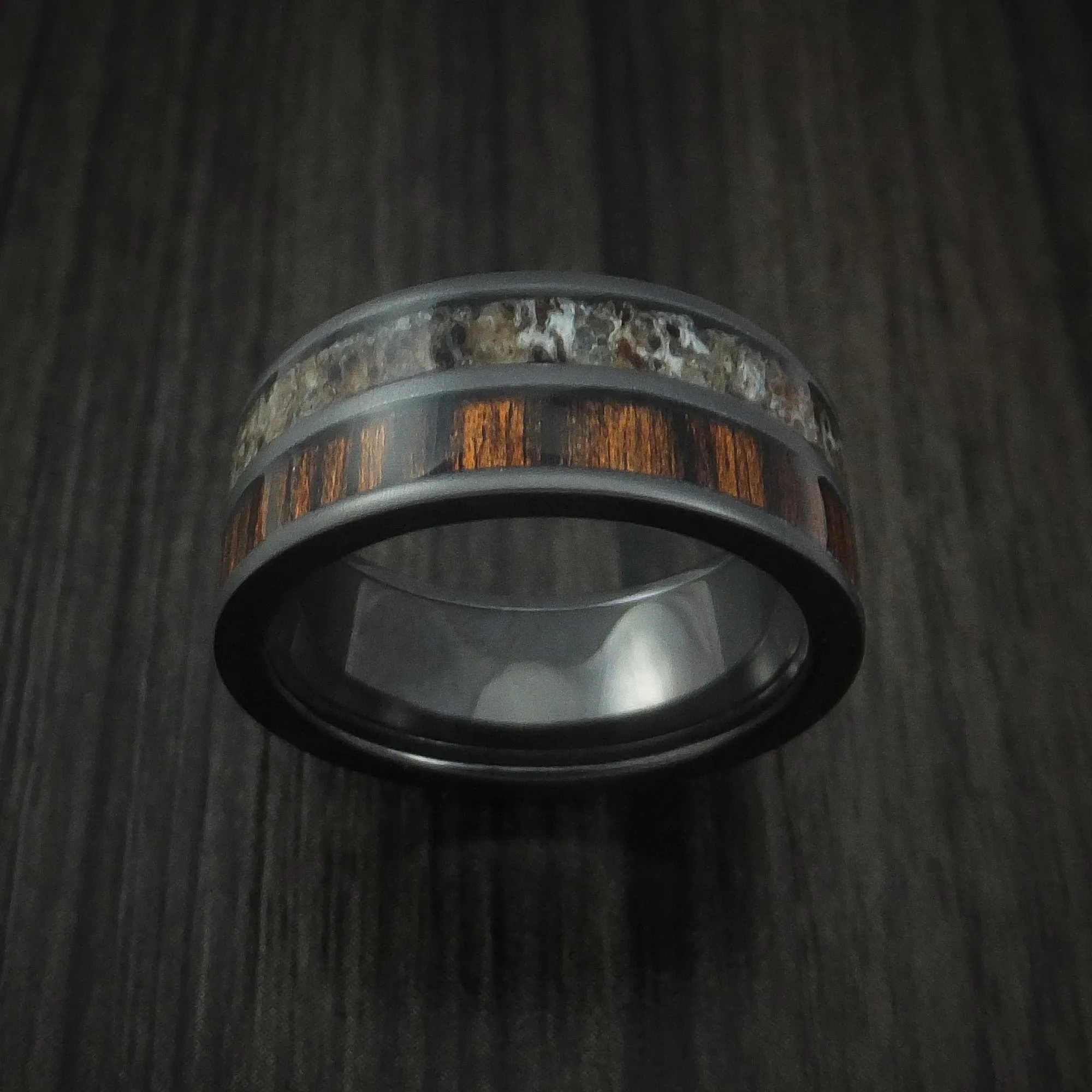 Black Titanium Men's Ring with Zircote Hardwood and Antler Inlays Custom Made Band