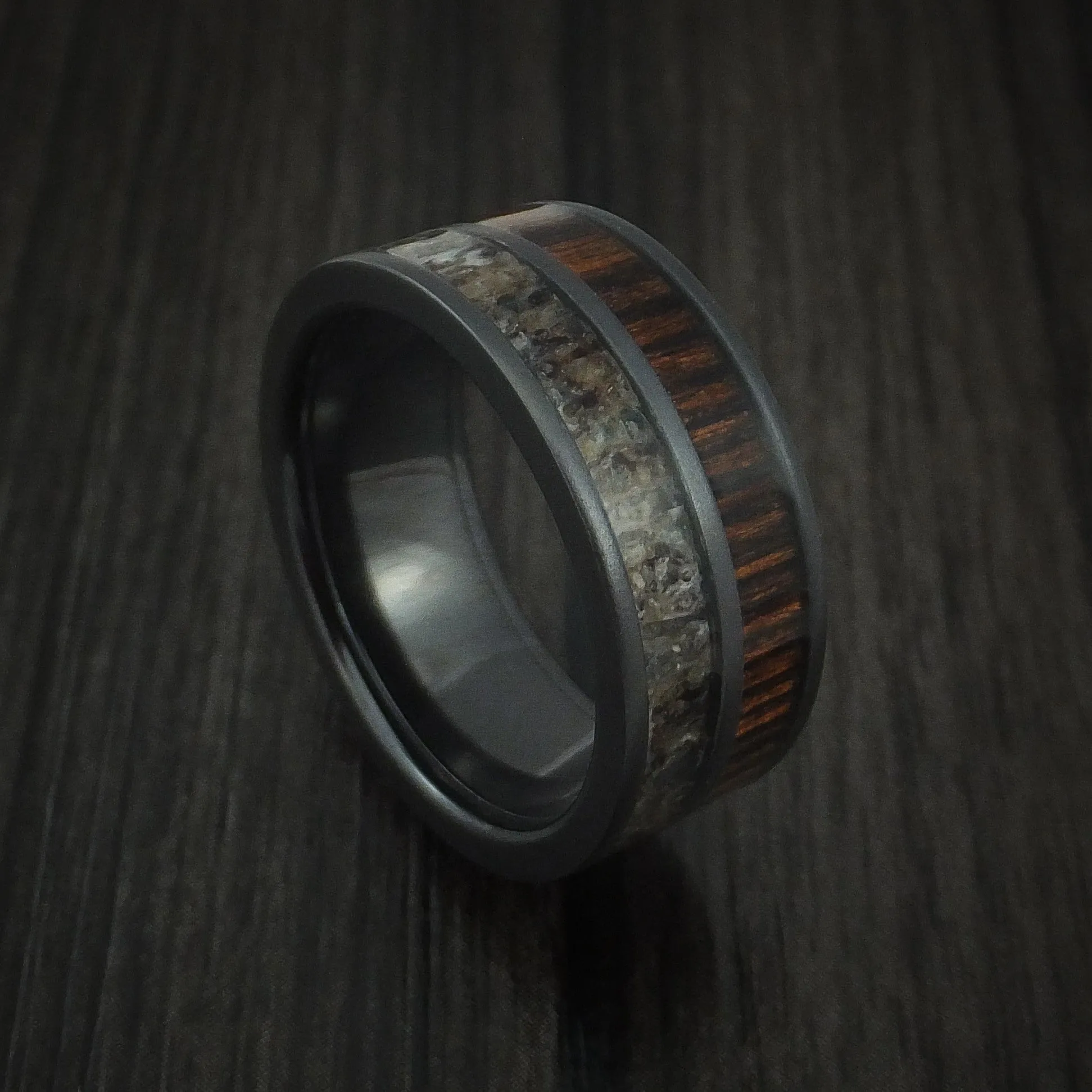 Black Titanium Men's Ring with Zircote Hardwood and Antler Inlays Custom Made Band