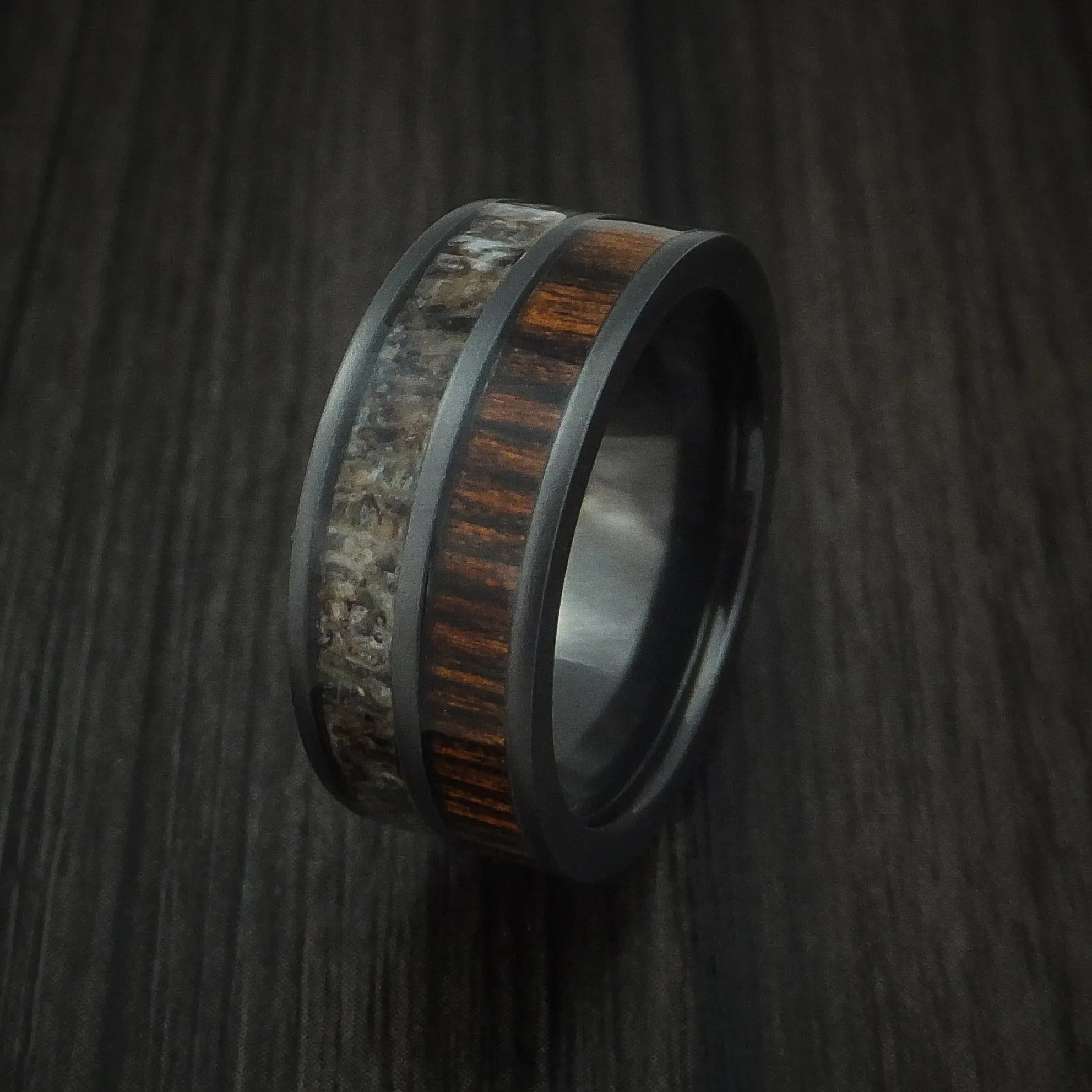 Black Titanium Men's Ring with Zircote Hardwood and Antler Inlays Custom Made Band