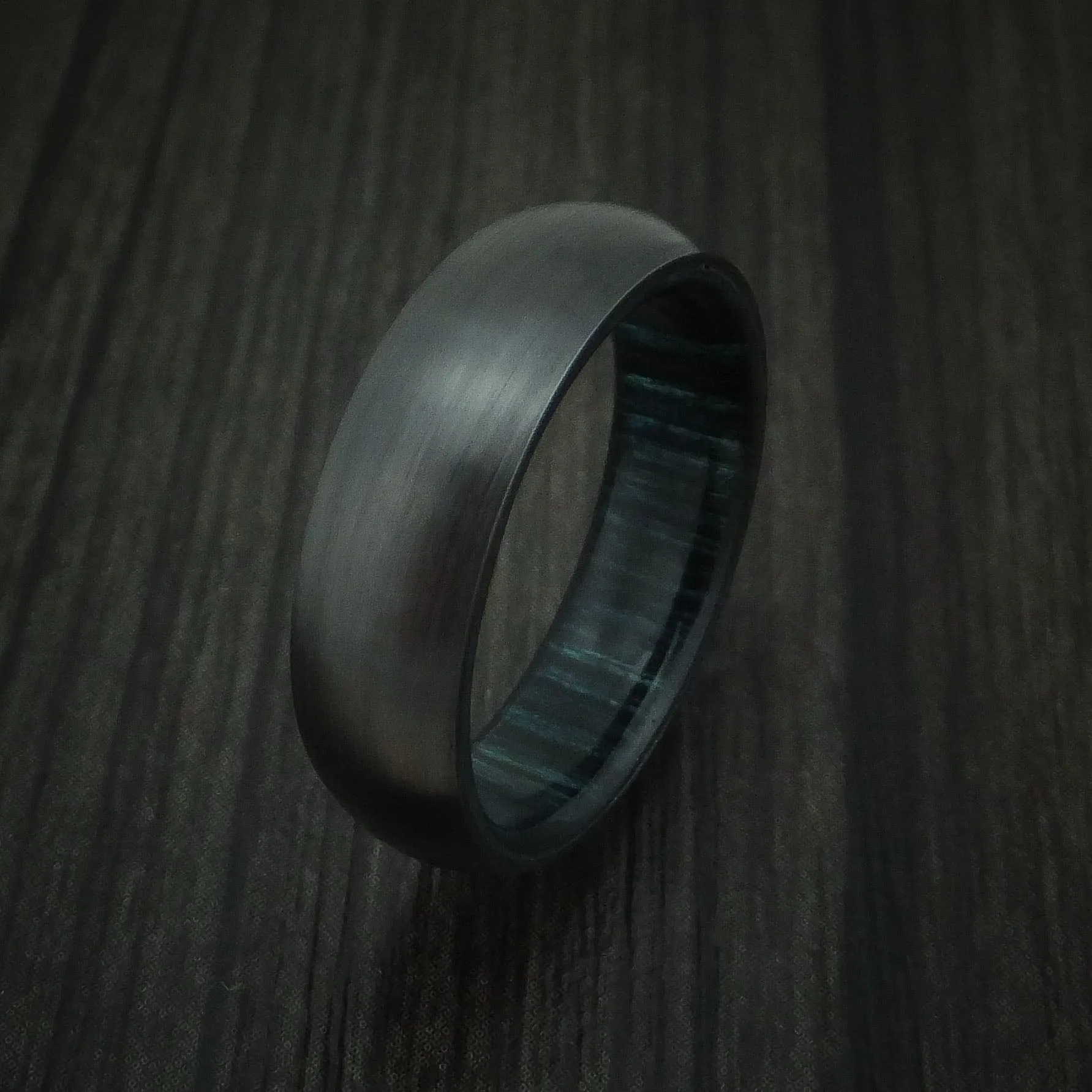 Black Zirconium and Indigo Wood Hard Wood Sleeve Men's Ring Custom Made