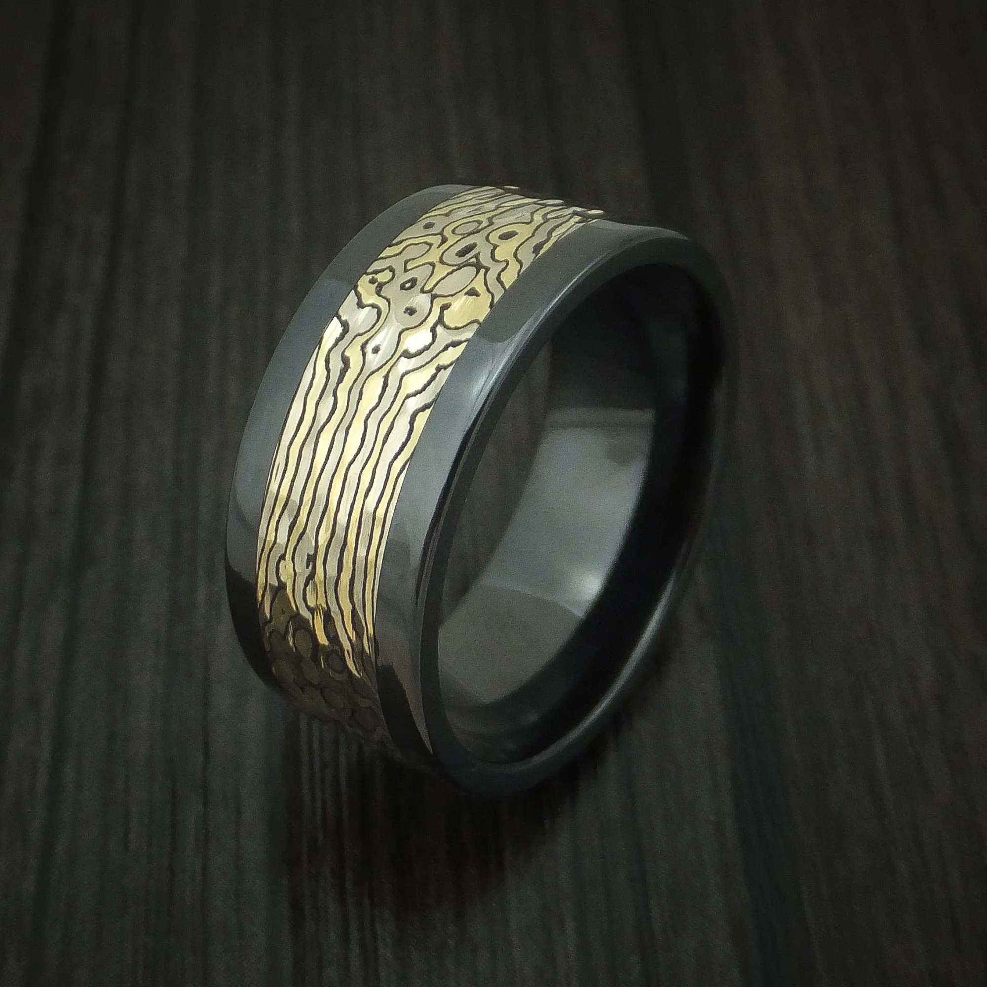 Black Zirconium and Yellow Gold Mokume Shakudo Hammered Men's Ring Custom Made Band