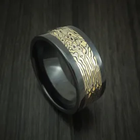 Black Zirconium and Yellow Gold Mokume Shakudo Hammered Men's Ring Custom Made Band