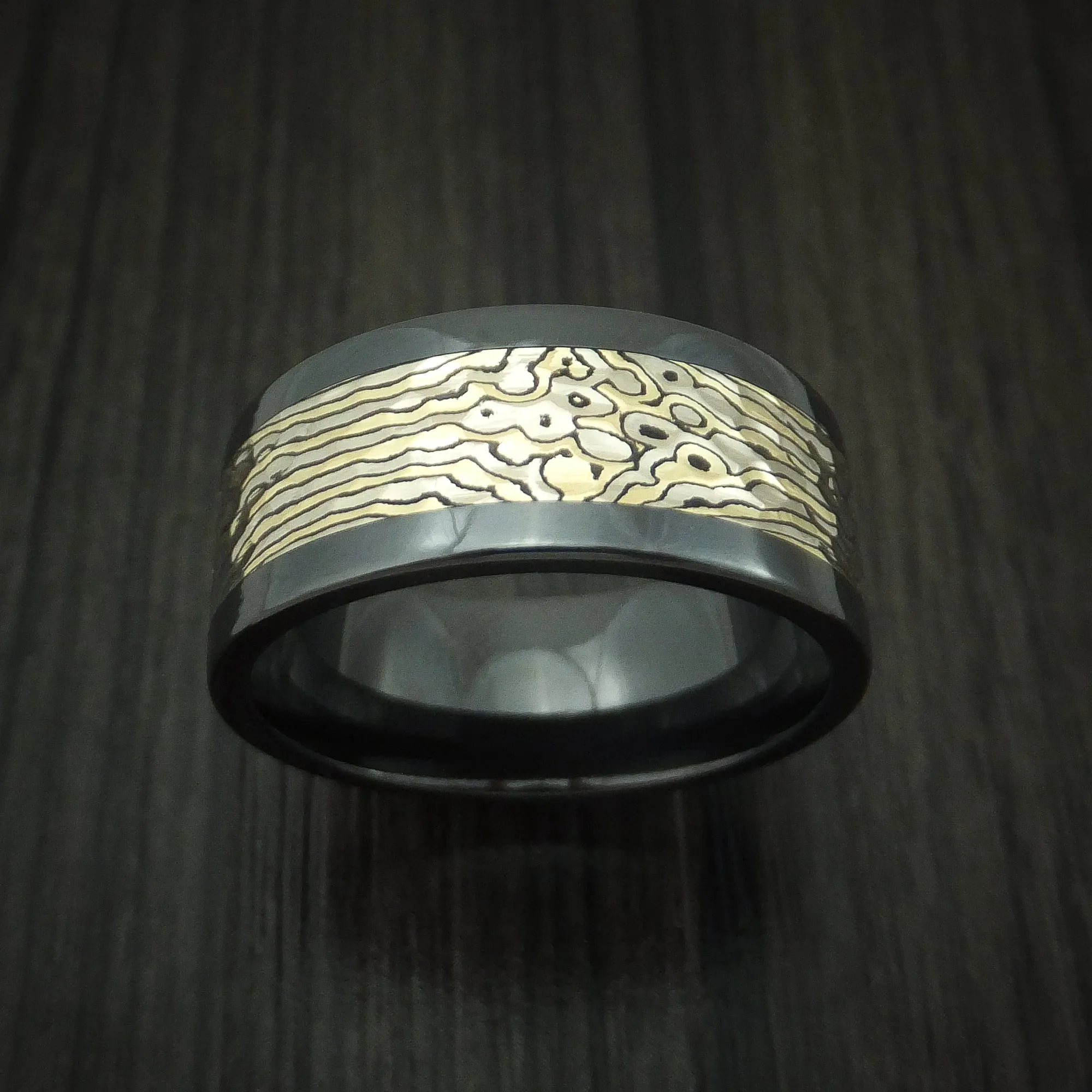 Black Zirconium and Yellow Gold Mokume Shakudo Hammered Men's Ring Custom Made Band